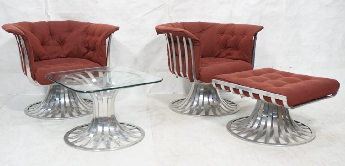4 RICHARD SCHULTZ Aluminum Lounge Chairs Ottoman.: 4 RICHARD SCHULTZ Aluminum Lounge Chairs Ottoman. Pr pedestal base lounge chairs, single pedestal base ottoman & round pedestal base side table with square glass top. All with slat design details and