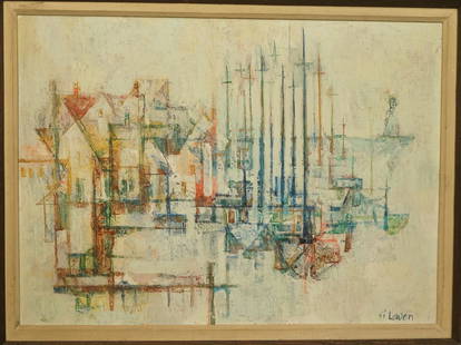 SI LEWEN Modernist Oil Painting. Town Scene with: SI LEWEN Modernist Oil Painting. Town Scene with Sailboats. Muted gray palette. Signed O-B-- Dimensions: Image Size: H: 21 inches: W: 29.5 inches ---