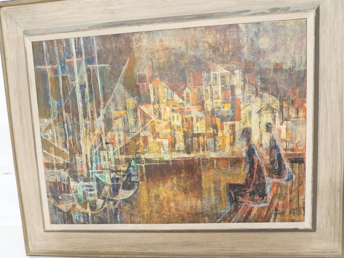 SI LEWEN Modernist Oil Painting. Harbor Scene wit: SI LEWEN Modernist Oil Painting. Harbor Scene with 2 Seated Figures and Sailboats. Night time scene with dark muted palette. Signed O-C-- Dimensions: Image Size: H: 21.5 inches: W: 29.5 inches ---