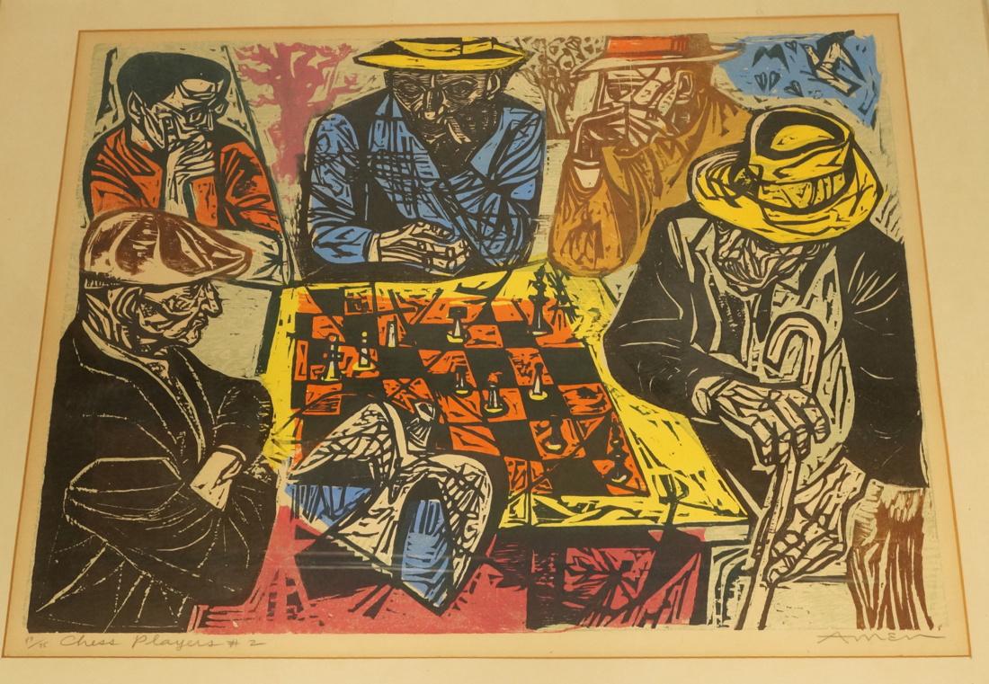 Irving Amen Pencil Signed Woodblock Print Chess P (1 of 8)
