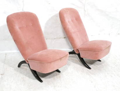 Pr Pink Congo Chairs by Theo Ruth for Artifort: Pr Pink Velvet Modernist Slipper Lounge Chairs. Curved ebonized legs. Tall tufted backs.-- Dimensions: H: 31.5 inches: W: 21.75 inches: D: 32 inches ---