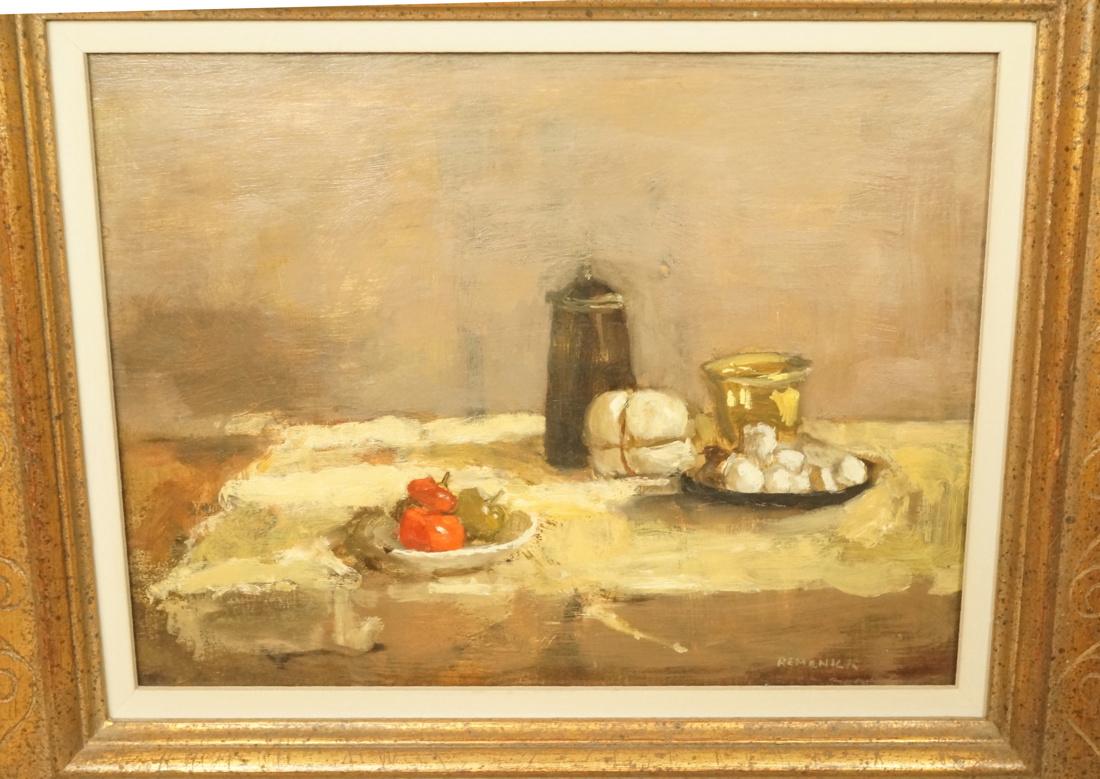 Signed REMENICK Still Life Oil Painting. Still li: Signed REMENICK Still Life Oil Painting. Still life with red, green peppers and coffee pot. Oil on board.-- Dimensions: Image Size: H: 8.75 inches: W: 11.25 inches ---