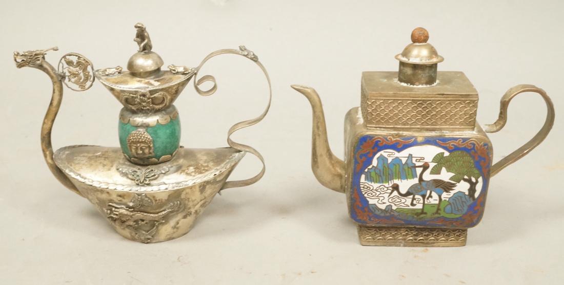 2pc Chinese White Metal Miniature Teapots. 1) 2 e (1 of 8)