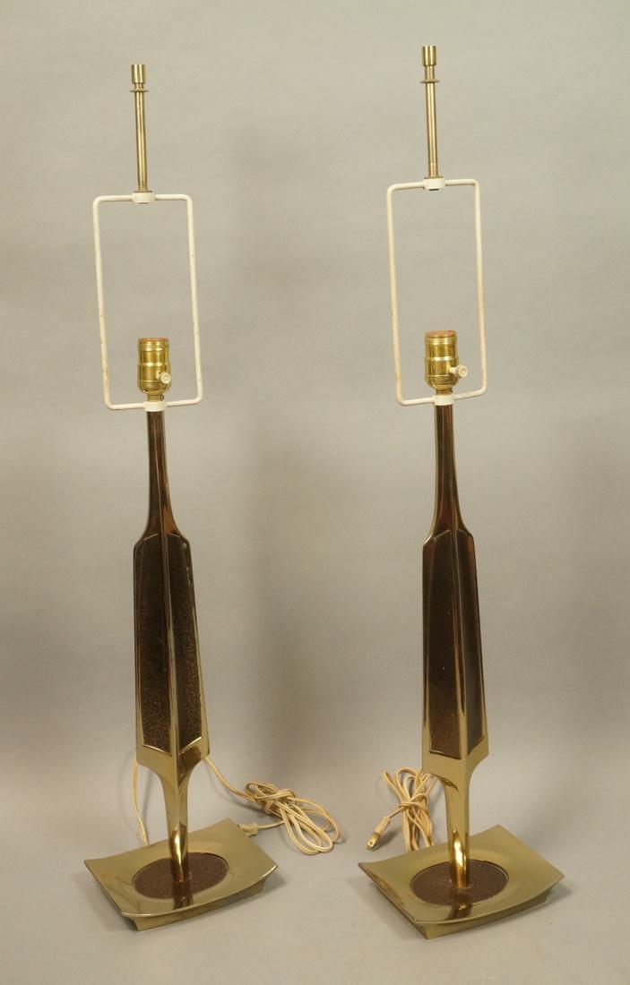 Pr LAUREL Brutalist Gold Tone Table Lamps. Tall s: Pr LAUREL Brutalist Gold Tone Table Lamps. Tall sculptural form with mottled textured decorative panels. Tray saucer bases. -- Dimensions: H: 35.5 inches: W: 7.5 inches: D: 6 inches ---