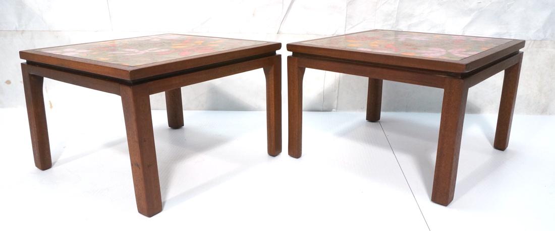 Pr HARVEY PROBBER Enamel Top Low Side Coffee Tabl: Pr HARVEY PROBBER Enamel Top Low Side Coffee Tables. Large 18.5" enamel metal tiles with colorful 60s Mod floral design. Walnut wood frame and legs, raised top. Not marked.-- Dimensions: H: 14.25 inch