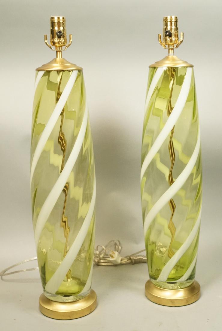 Pr Green White Striped Murano Glass Lamps. Rewir: Pr Green White Striped Murano Glass Lamps. Rewired with new fixtures. Italian art glass.-- Dimensions: H: 25 inches: W: 5.25 inches: D: 5.25 inches ---