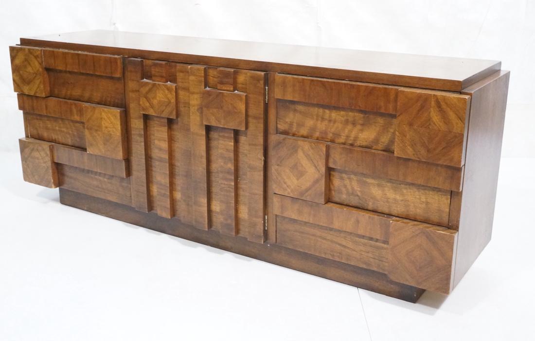 LANE Modernist Sculptural Block Front Credenza Si: LANE Modernist Sculptural Block Front Credenza Sideboard Dresser. 6 side drawers and 2 center doors with 3 drawer interior. Marked.-- Dimensions: H: 30.25 inches: W: 78 inches: D: 19.75 inches ---