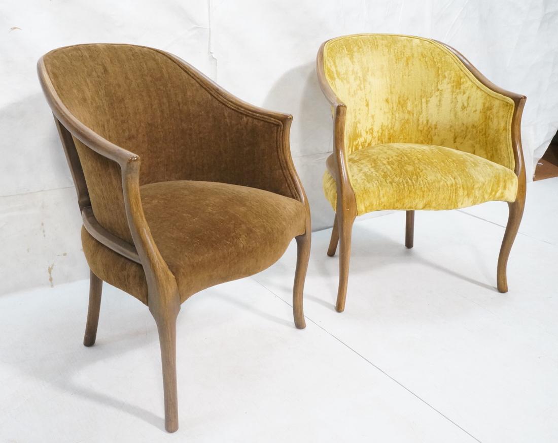 Pr Decorator French Provincial Fruitwood Chairs.: Pr Decorator French Provincial Fruitwood Chairs. Exposed wood. One gold velvet chair, one brown. Made by D. BECKER & Sons.-- Dimensions: H: 33 inches: W: 25 inches: D: 25 inches ---