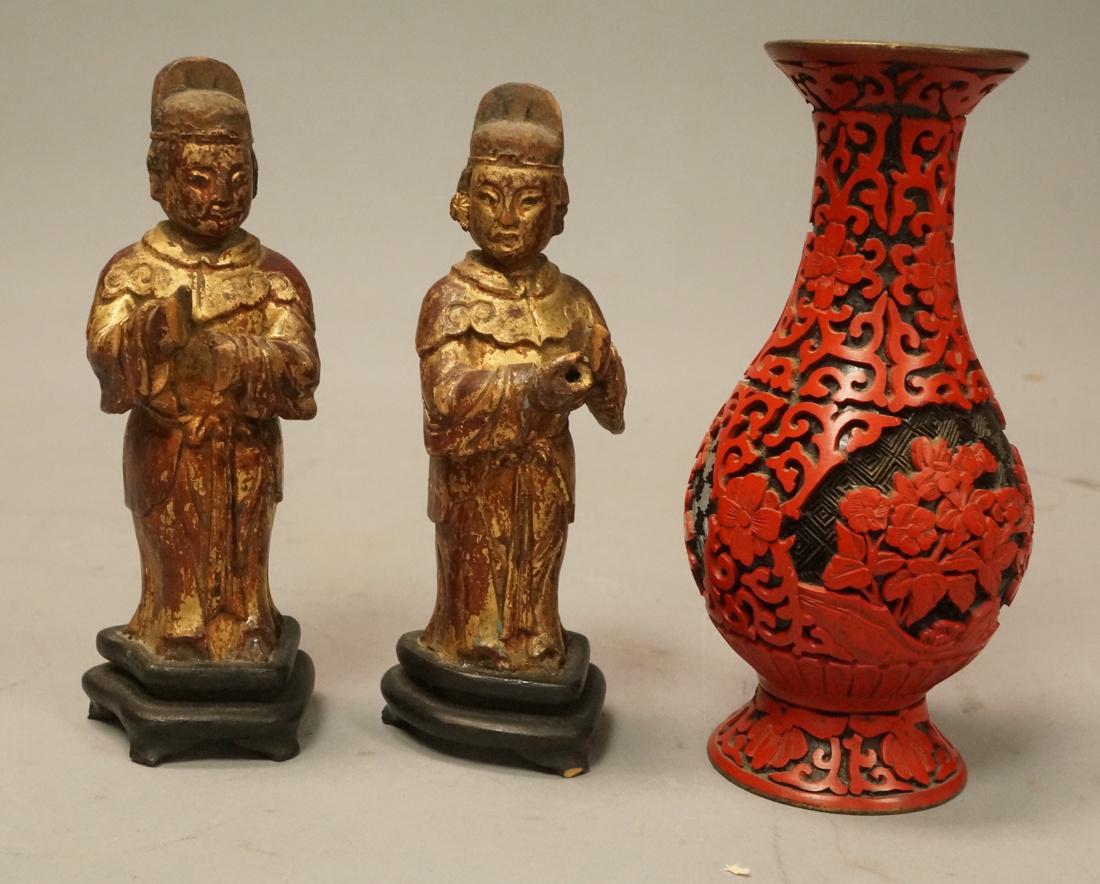 3pc Vintage Chinese Objects. Cinnabar vase and pa (1 of 6)