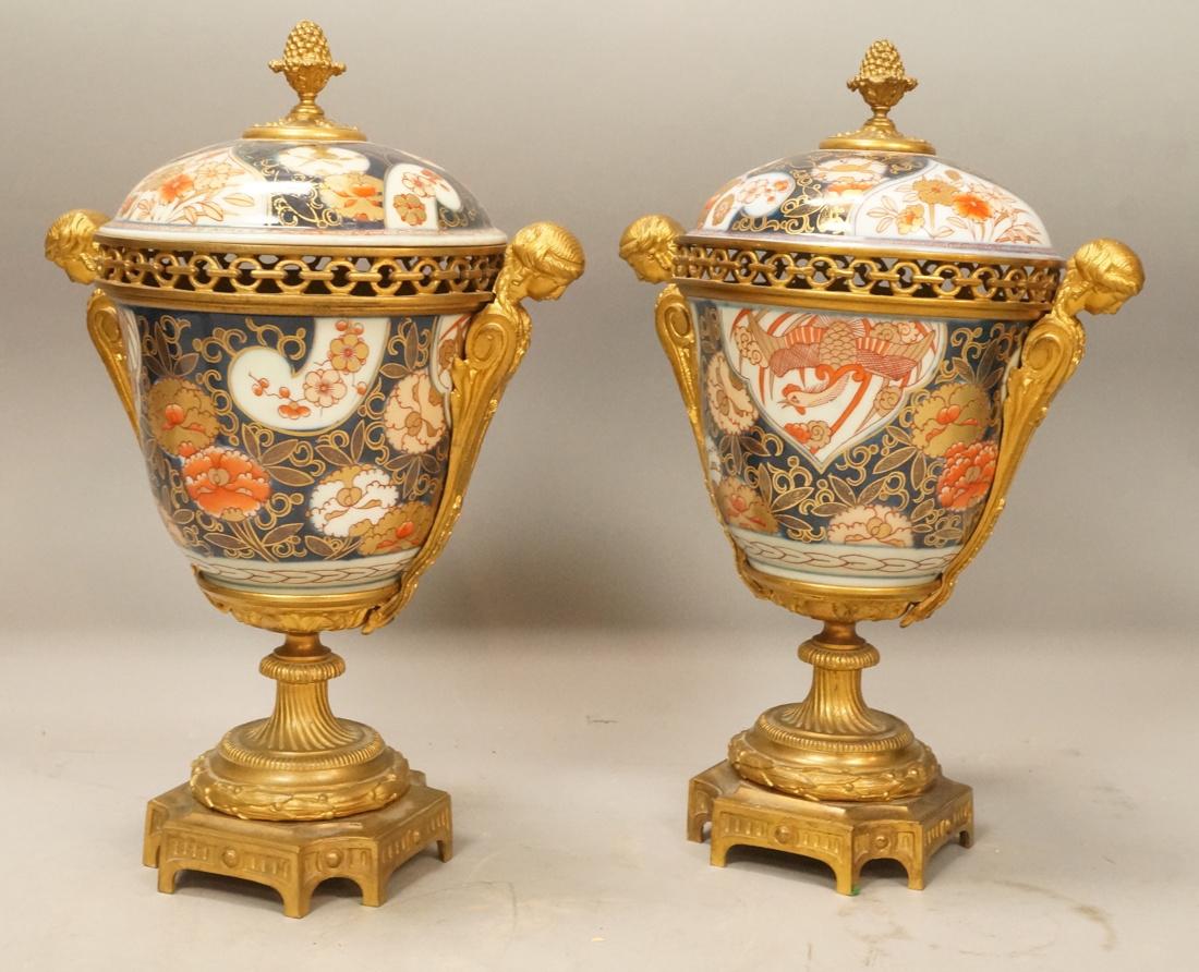 Pr Lidded Imari Style Bronze Mounted Urns. Porcel (1 of 10)