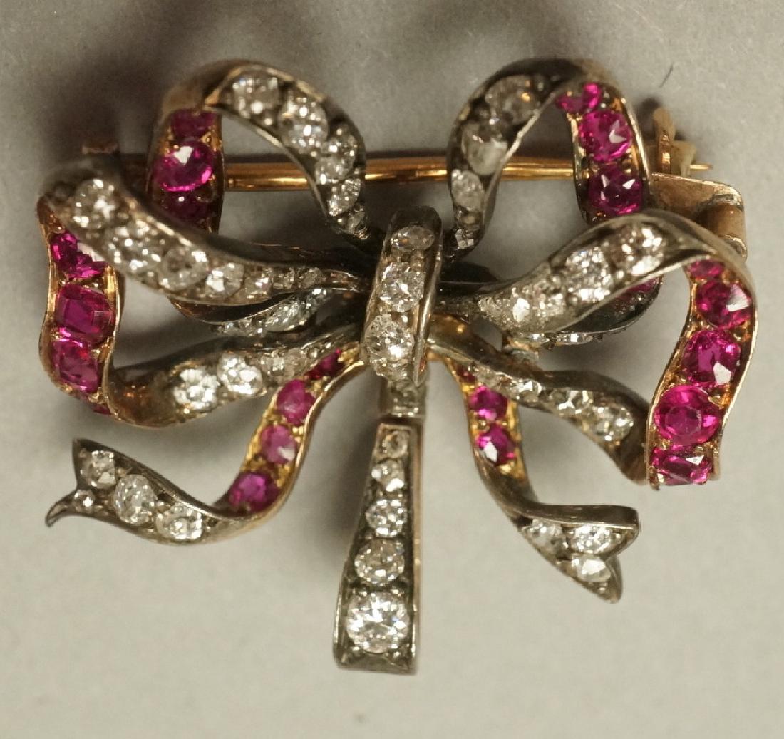 14K Gold Antique Diamond Ruby Figural Bow Brooch. (1 of 5)