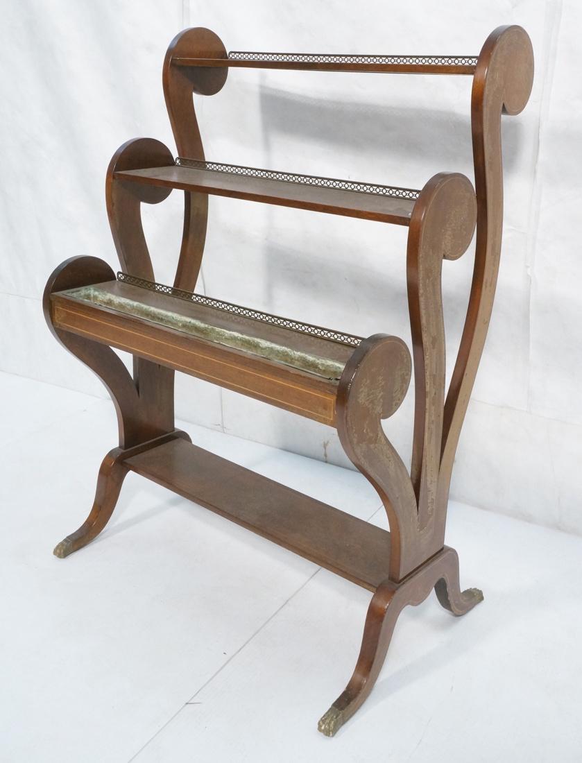 Antique Mahogany 3 Tier Shelf Planter. Pencil Inl: Antique Mahogany 3 Tier Shelf Planter. Pencil Inlay. Decorative brass trim gallery. Duncan Phyfe legs with brass paw feet. -- Dimensions: H: 53 inches: W: 36 inches: D: 24 inches ---