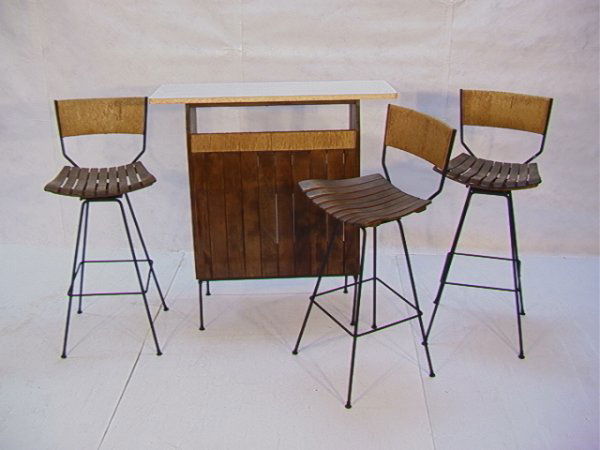 ARTHUR ULMANOFF For RAYMOR Bar + Barstools Wood Sl: ARTHUR ULMANOFF For RAYMOR Bar + Barstools Wood Slatted Bar with Iron Frame and 3 Wood Slatted Iron Barstools. STOOLS: 41.5 insH; BAR: 42 insH x 41.75insL x 15.75D Dimensions: Condition: Very good con