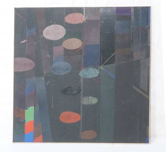 PETER KELER Lg Modernist Oil Painting. Painted co: PETER KELER Lg Modernist Oil Painting. Painted colored ovals on canvas vertical lines and blocks. German artist; first generation Bauhaus designer. 1977 -- Dimensions: Image Size: H: 52 inches: W: 52