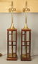 Pr Square Column Form Walnut Brass Table Lamps. W