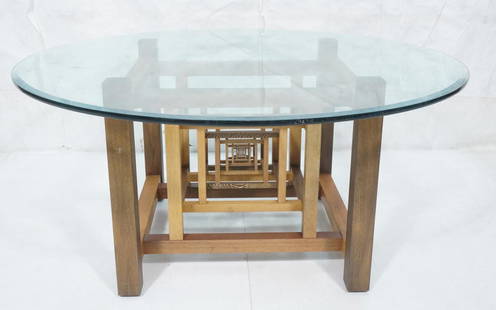 JEFFREY GREENE Concentric Square Dining Table. Ex: JEFFREY GREENE Concentric Square Dining Table. Exotic Wood Dining Table. .75" thick glass round top. Incredibly intricately detailed design in mixed color wood. Marked-- Dimensions: H: 28.25 inches: W