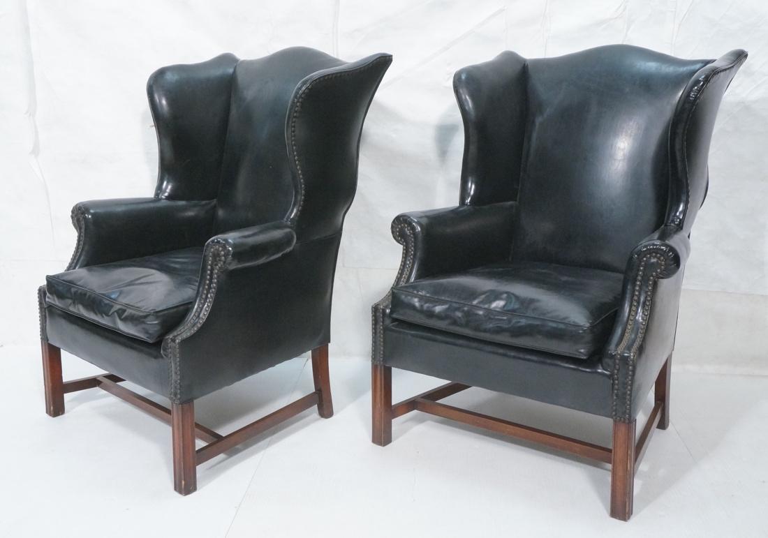 Pr. Tall Back Black Leather Wing Chairs Brass Tac (1 of 10)