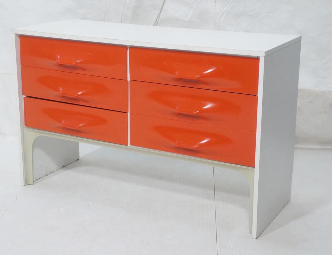 RAYMOND LOEWY Red Molded Glass Drawer Sideboard.: RAYMOND LOEWY Red Molded Glass Drawer Sideboard. White laminate credenza with red glass drawers. Not marked. -- Dimensions: H: 25 inches: W: 40.75 inches: D: 15.75 inches ---