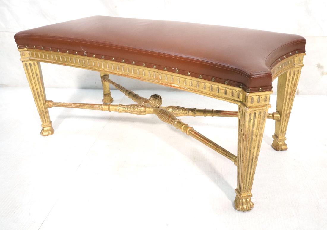 Decorator Brown Leather Bench. Carved Gilt wood f (1 of 9)