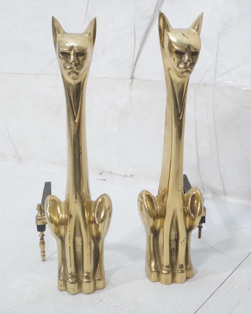 Modernist Brass Cat Figural Andirons. Seated cat. (1 of 5)