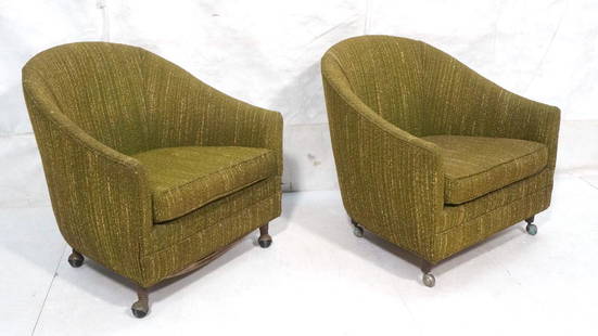 Pair Barrel Back Low Club Chairs. Short legs on: Pair Barrel Back Low Club Chairs. Short legs on casters.Richardson Nemschoff.-- Dimensions: H: 31.25 inches: W: 30.5 inches: D: 31 inches ---