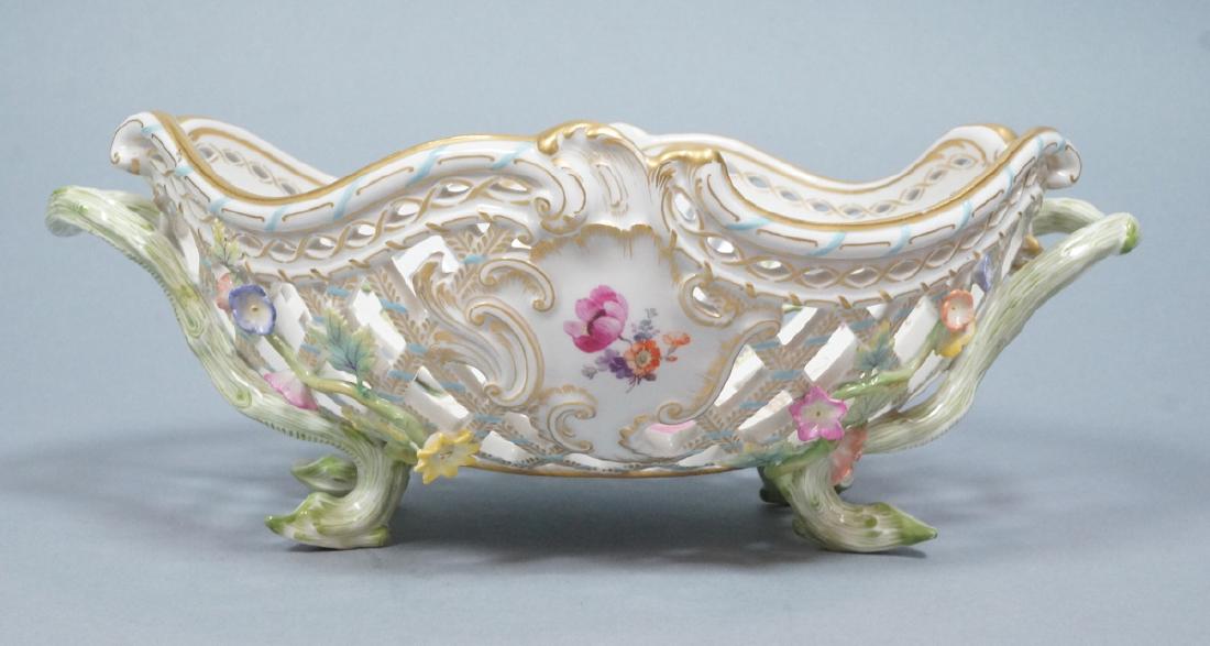 KPM Signed Lattice work Footed Center Bowl. Delic: KPM Signed Lattice work Footed Center Bowl. Delicate hand painted bowl with vine handles and raised floral details. Signed and marked.-- Dimensions: H: 5 inches: W: 12.5 inches: D: 8.5 inches ---