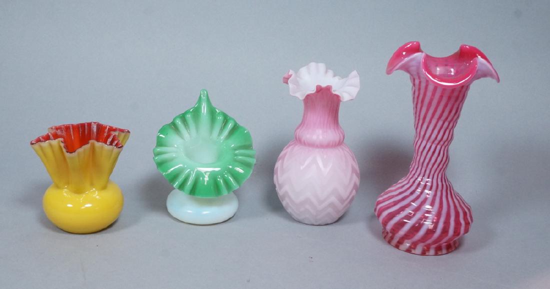 4pc Scalloped Rim Vases. Colored case and satin g: 4pc Scalloped Rim Vases. Colored case and satin glass. Not marked.-- Dimensions: H: 8 inches: W: 4 inches: D: 4 inches --- US Shipping charge: $50