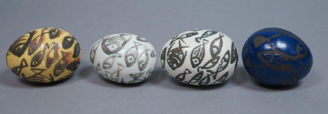 4 MADOURA Attrib. Pottery Fish Design Glazed Eggs (1 of 10)