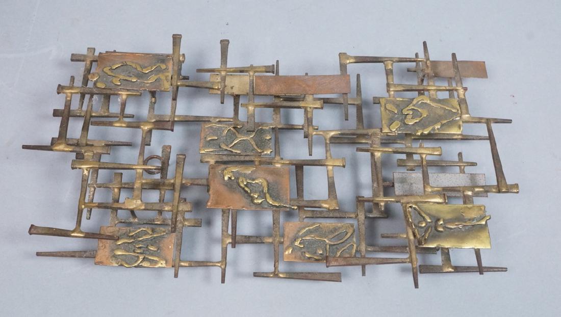 Brutalist Nail and Mixed Metal Wall Sculpture. Si: Brutalist Nail and Mixed Metal Wall Sculpture. Signed Berger. Welded nails with copper and brass plaques. With welded nude figures. Erotica. Signed Berger 78.-- Dimensions: H: 14.5 inches: W: 9 inches