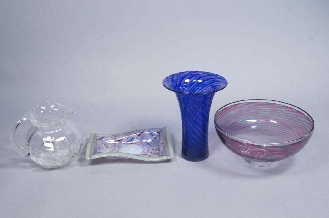 4pc Art Glass Studio Lot. YOUNG & CONSTANTIN art: 4pc Art Glass Studio Lot. YOUNG & CONSTANTIN art glass bowl and cobalt vase. Both signed. HEIDRUN art glass dish with iridescent center element. TIFFANY & CO heavy clear glass pitcher. All marked.-- D