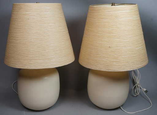 Pr Bostlund Ceramic Pottery Table Lamps Cream Gl