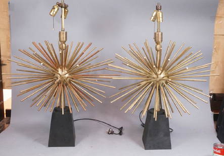 Pr ARTURO PANI Style Bronze Lamps.  Spiked Sphere: Pr ARTURO PANI Style Bronze Lamps. Spiked Sphere Table Lamps. Black Metal Tapered Base. -- Dimensions: H: 33 inches: W: 24 inches: D: 25.5 inches ---