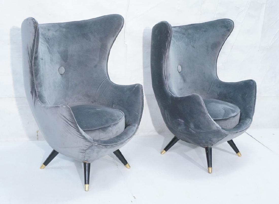 Pr Gray Velvet Modernist Tall Back Lounge Chairs. (1 of 10)