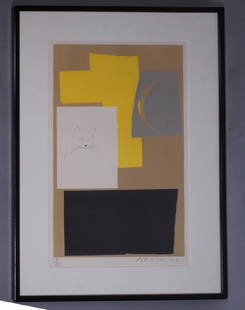 Signed Eduardo Arroyo Silkscreen Print: Signed Eduardo Arroyo Silkscreen Print Black, Yellow, Beige Palette. Cat silhouette. Pencil signed 1980 77/100-- Dimensions: Image Size: H: 22.75 inches: W: 19.5 inches ---