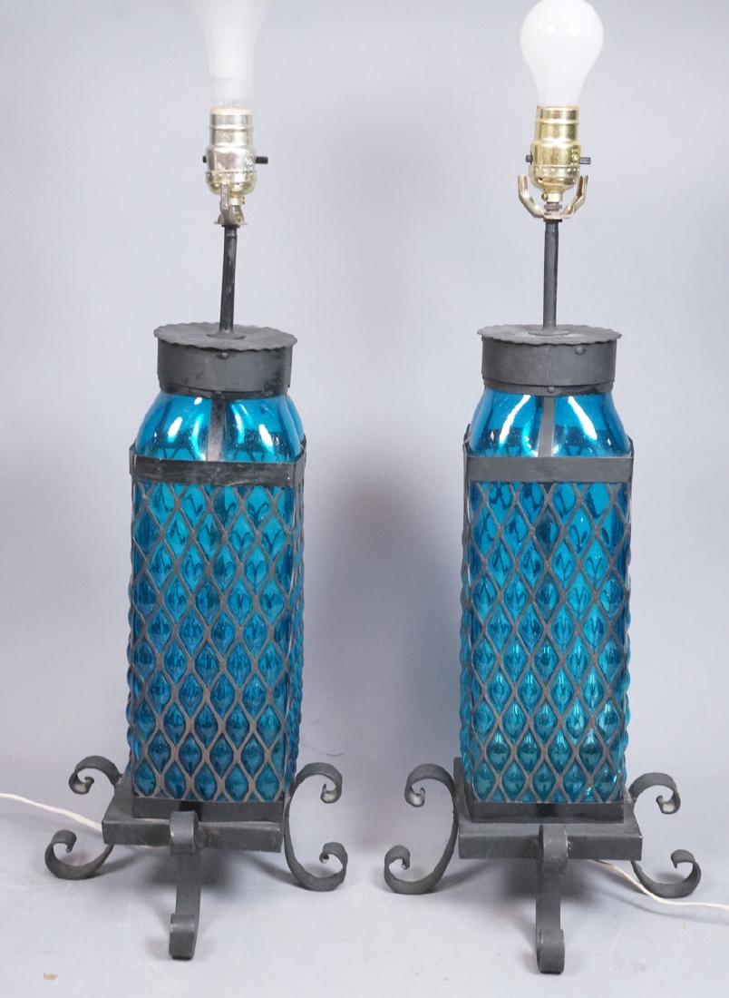 Pr Bubbled Blue Glass In Wrought Iron Cage Frame (1 of 8)