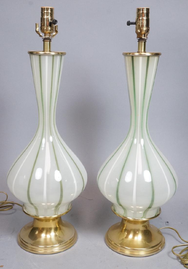 Pr Green & White Striped Murano Art Glass Lamps.: Pr Green & White Striped Murano Art Glass Lamps. Contemporary Art Glass. -- Dimensions: H: 24 inches: W: 9 inches: D: 9 inches ---