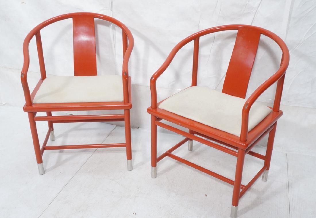 Pr BRUETON Red Lacquered Asian Lounge Chairs. Red: Pr BRUETON Red Lacquered Asian Lounge Chairs. Red lacquer sloped arm form with slat back. White fabric cushion. Chrome foot caps. Paper label.-- Dimensions: H: 33 inches: W: 25 inches: D: 20 inches --