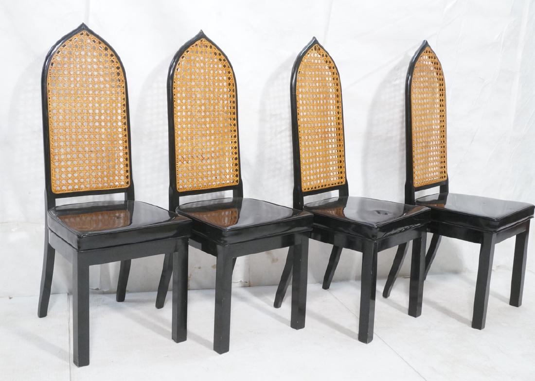 4 Pointed Arch Back Patent Leather Dining Chairs.: 4 Pointed Arch Back Patent Leather Dining Chairs. Woven open cane back on ebonized wood frame.-- Dimensions: H: 48 inches: W: 18.5 inches: D: 20.5 inches ---
