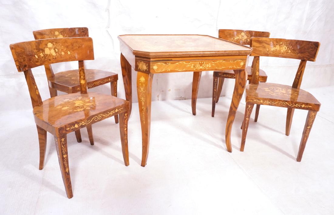 5pc Inlaid Game Table w 4 Chairs. Floral & scroll (1 of 10)