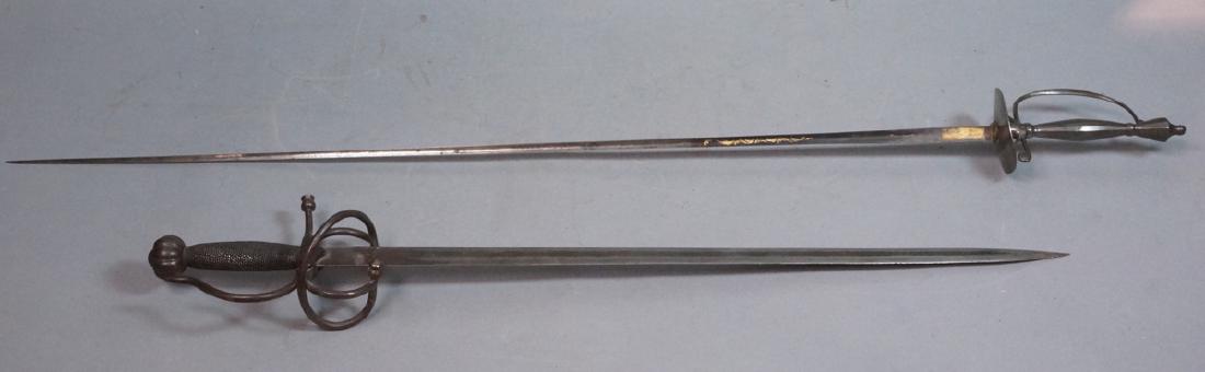 2 French Swords Sabers Vintage. 1) Steel blade ma: 2 French Swords Sabers Vintage. 1) Steel blade marked S cross mark S and anchors. Fancy wrapped braided metal handle and fancy sculptural hilt. 2) Unmarked 3 sided pointed steel blade. Gold scroll dec