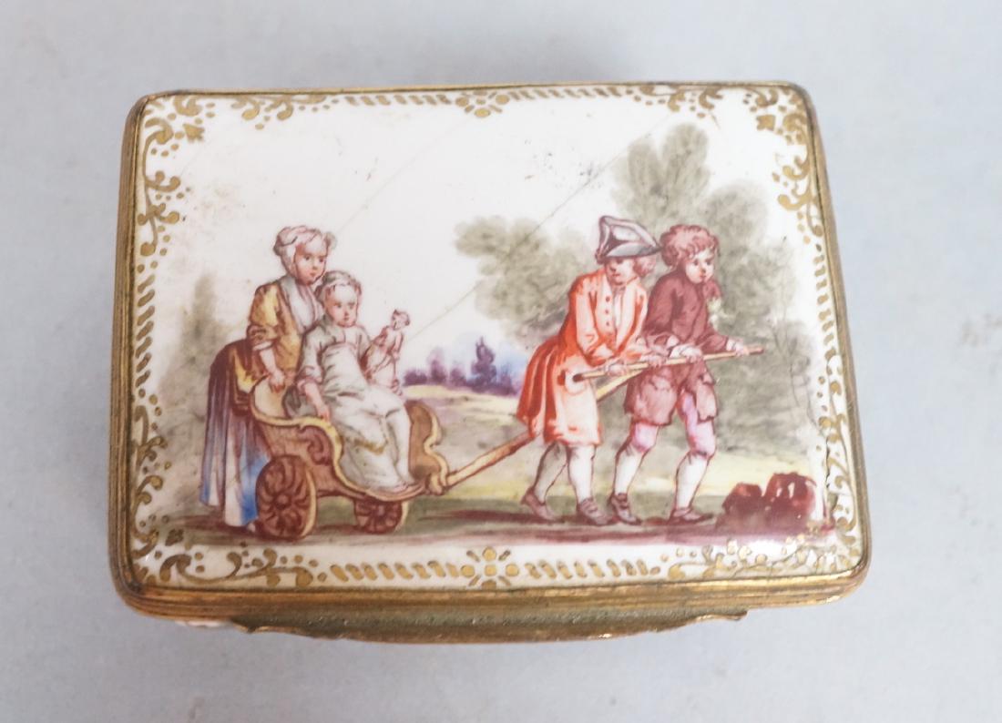 Early BATTERSEA Porcelain Hinged box. Gilt metal (1 of 10)