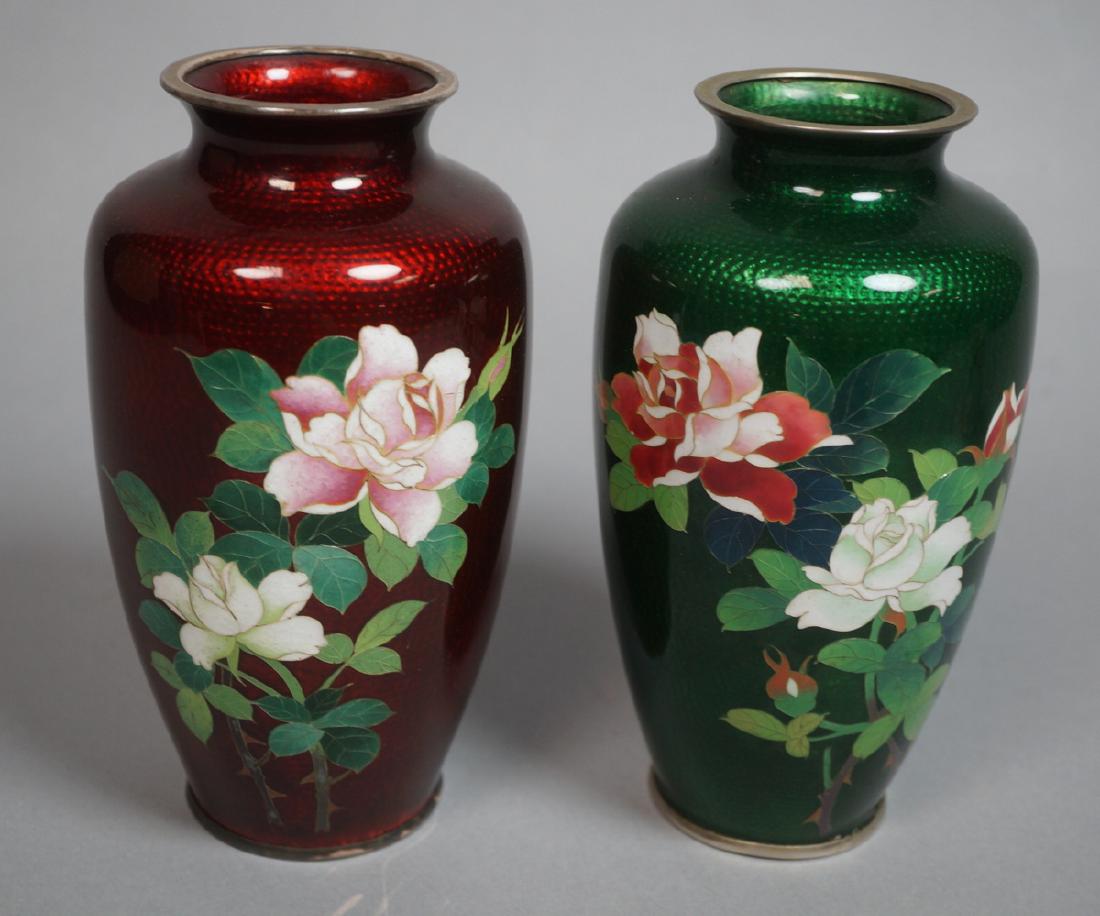 Pr Japanese Cloisonne Enamel Vases. One red backg (1 of 6)