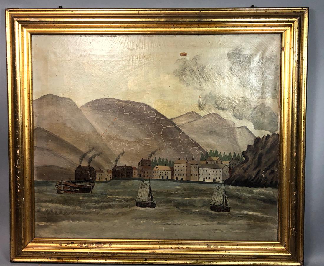 Antique American School Harbor Scene Oil Painting (1 of 7)