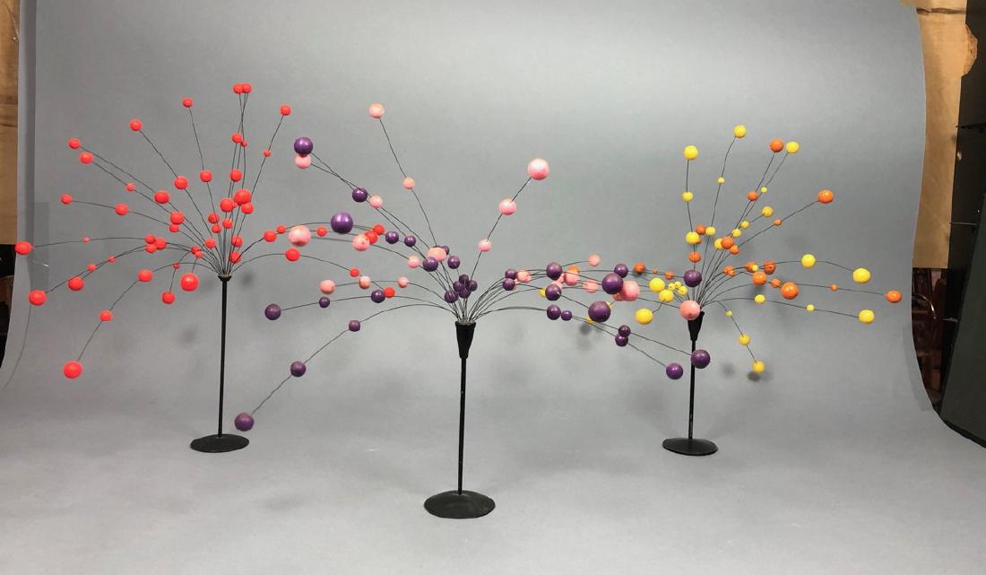3 LAURIDS LONBORG Style Kinetic Ball Sculptures.: 3 LAURIDS LONBORG Style Kinetic Ball Sculptures. Black metal stand with thin wires and suspended plastic balls. Not marked.-- Dimensions: H: 16.25 inches: W: 19 inches: D: 19 inches ---
