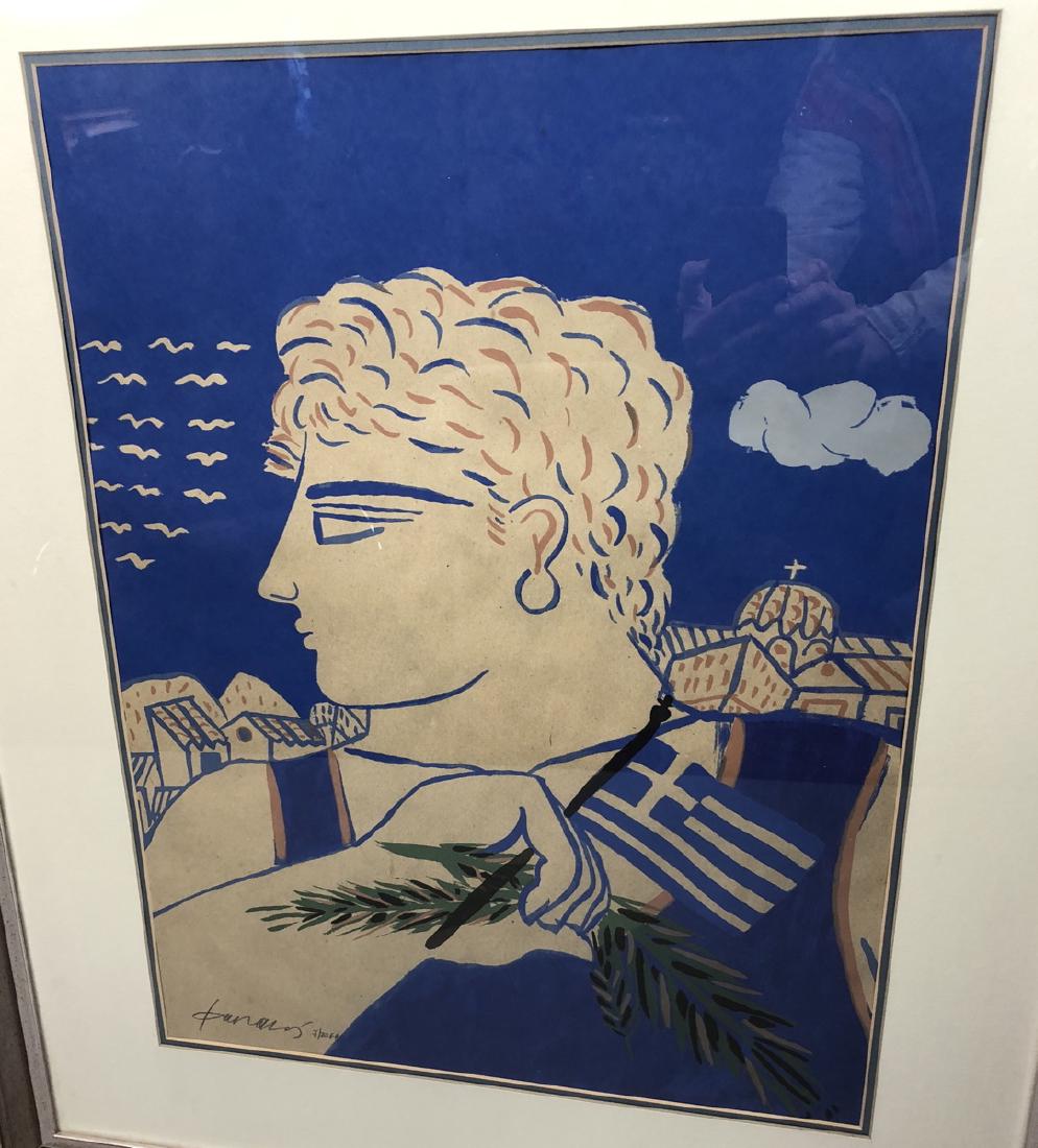 Signed Print Young Greek Man with Flag & Olive Br (1 of 5)