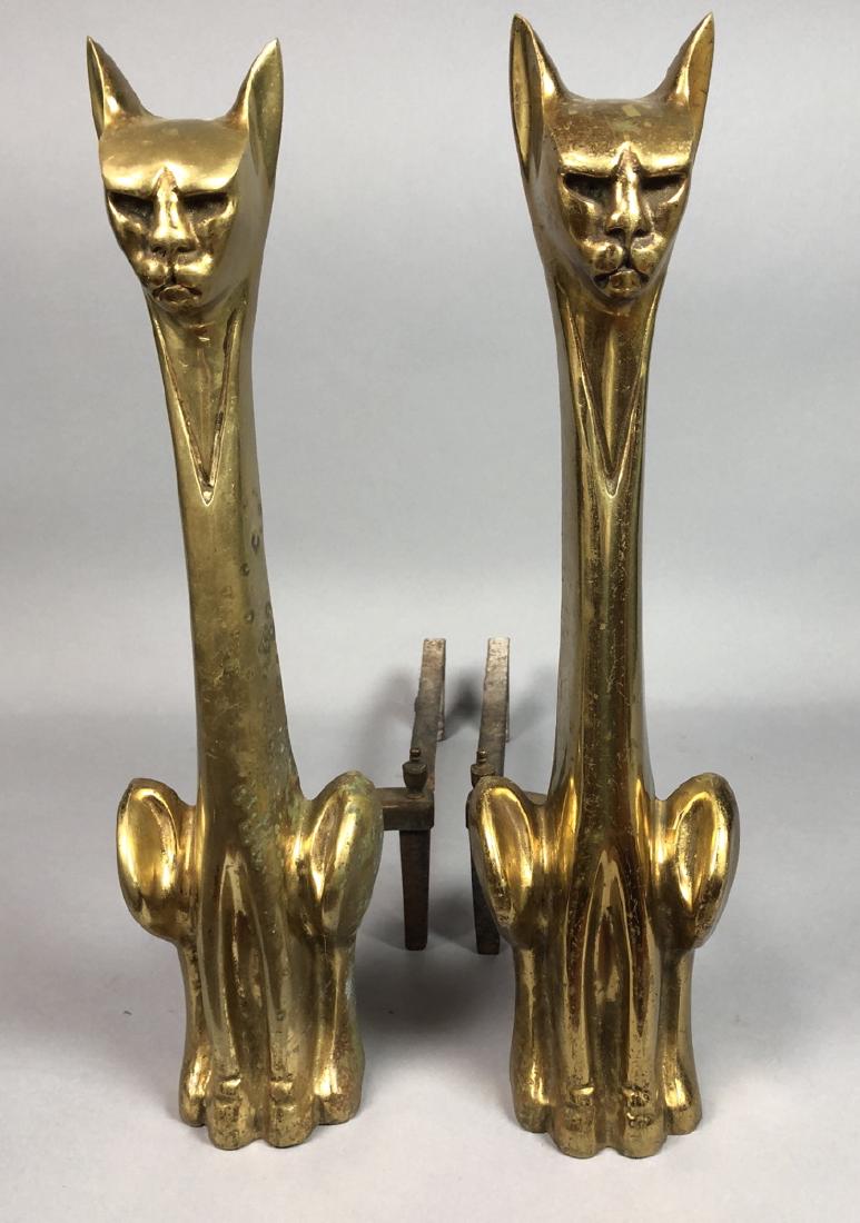 Modernist Brass Cat Figural Andirons. Seated elon (1 of 5)