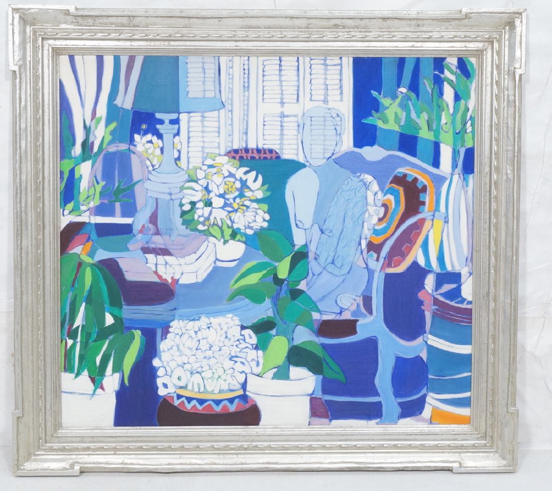 SANDI BADASH Lg Figural Cubist Oil Painting. Blue: SANDI BADASH Lg Figural Cubist Oil Painting. Blue palette with green plants, colorful imagery. Nude blue female figure. Signed. Oil on Canvas. -- Dimensions: H: 44.5 inches: W: 48.25 inches: D: 1.5 in