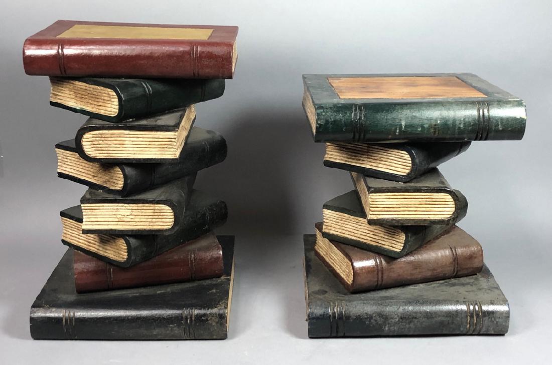 Lot 2 Stacked Books End Tables. Carved wood with (1 of 9)