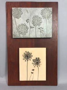 NAOMI SAVAGE Two Pieces Artwork. Original Metal e: NAOMI SAVAGE Two Pieces Artwork. Original Metal etched plate & Block Print. Both mounted on wood plaque. Not signed-- Dimensions: H: 26 inches: W: 15 inches ---