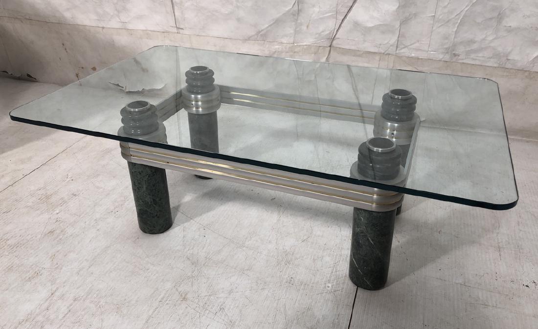 KAISER NEWMAN Aluminum Marble & Glass Coffee Cock: KAISER NEWMAN Aluminum Marble & Glass Coffee Cocktail Table. Not marked-- Dimensions: H: 15.5 inches: W: 46 inches: D: 28 inches ---